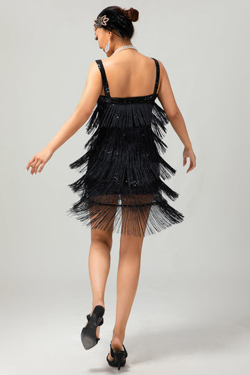 Vestido Sparkly Black Fringe Bodycon 1920s com conjunto de acessórios de 5 peças